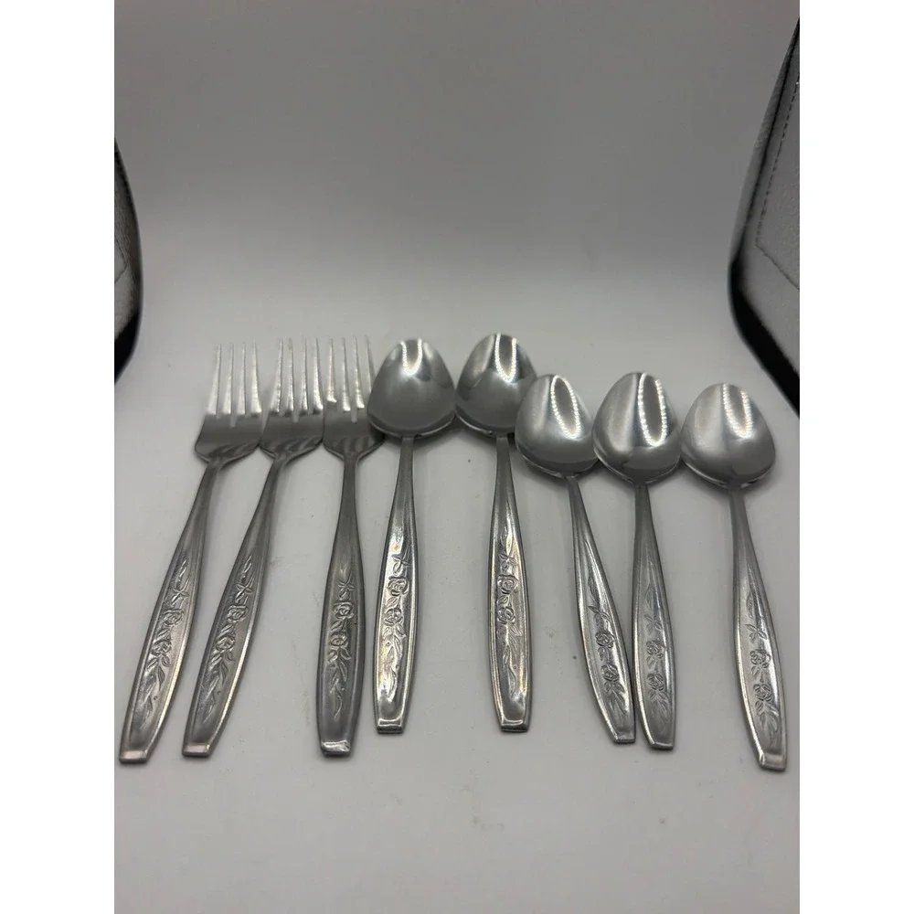 HADDON HALL Stainless 8 Rose Floral 3Teaspoons, 2 Tablespoons, 3 Dinner Forks
